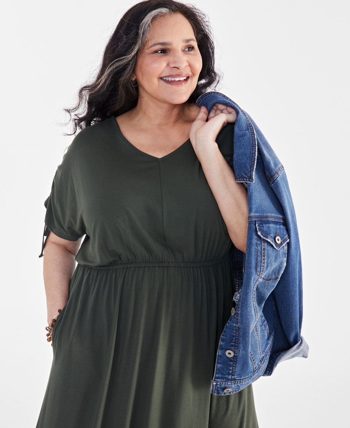 Style & Co Plus Size V-Neck Shirred-Sleeve Dress, Created for Macy's