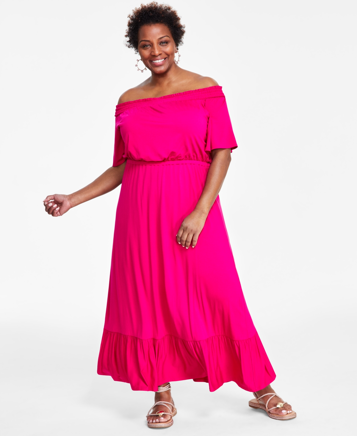 Plus Size Off-The-Shoulder Maxi Dress, Created for Macy's - Pink Dragonfruit