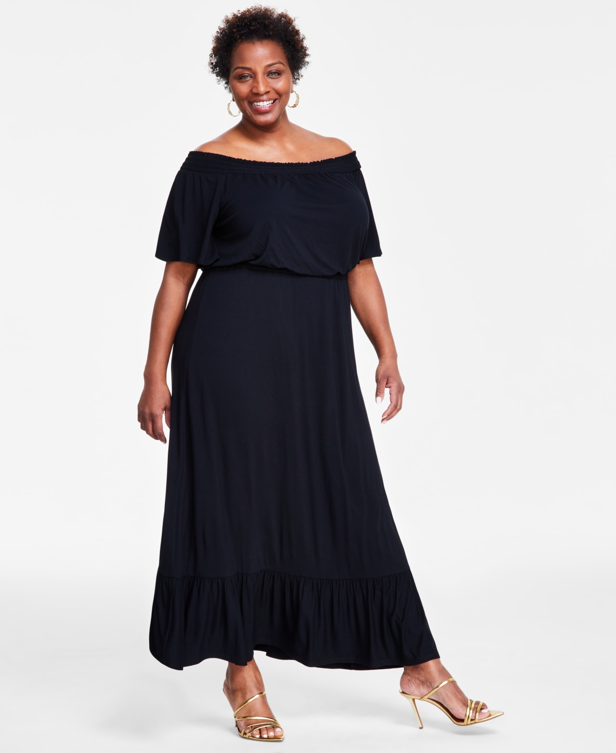 Shop Inc International Concepts Plus Size Off-the-shoulder Maxi Dress, Created For Macy's In Deep Black