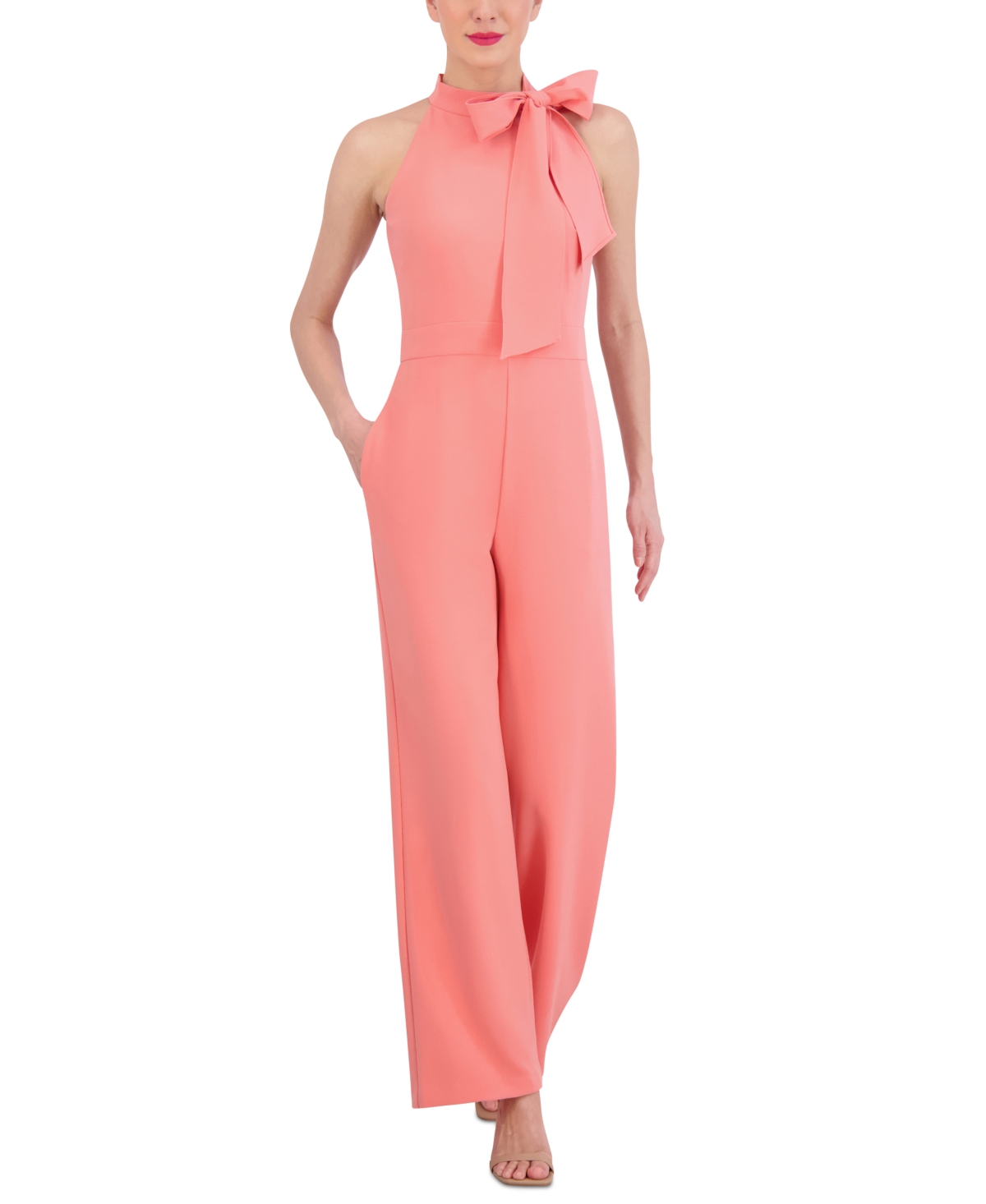 Vince Camuto Women's Signature Stretch Crepe Bow-neck Halter Jumpsuit In Poppy