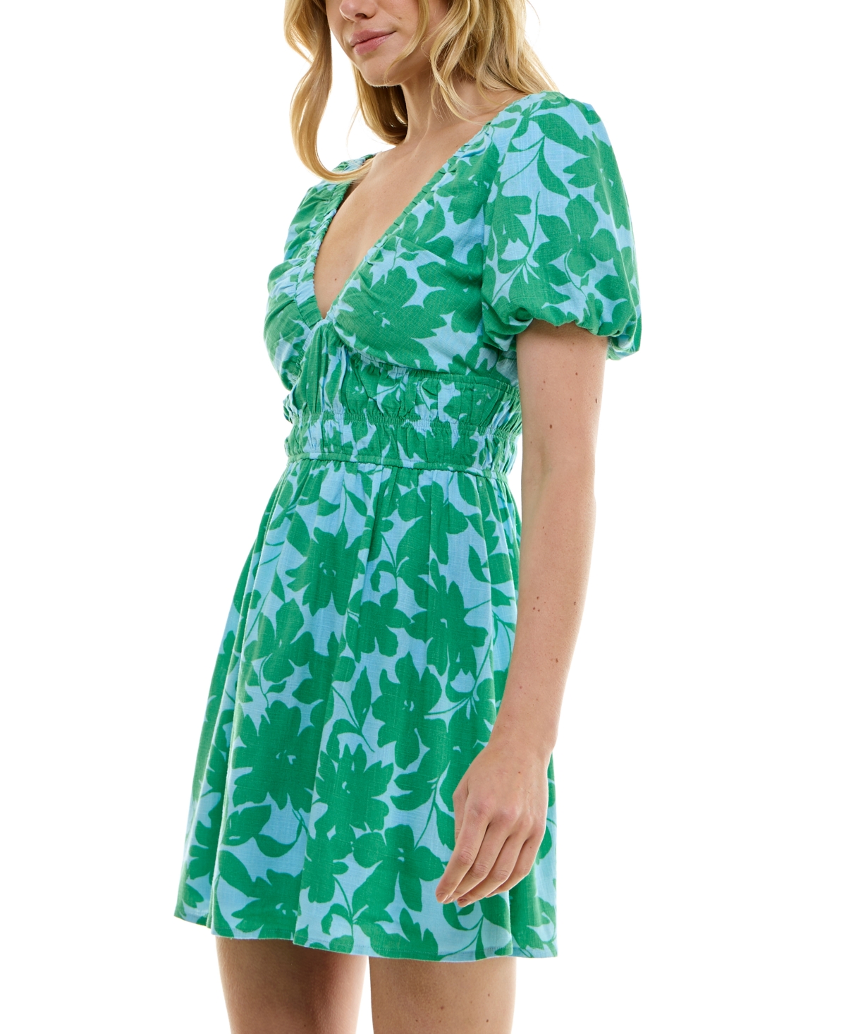Shop Trixxi Juniors' Floral-print Ruched-waist Puff-sleeve Dress In Bluegreen