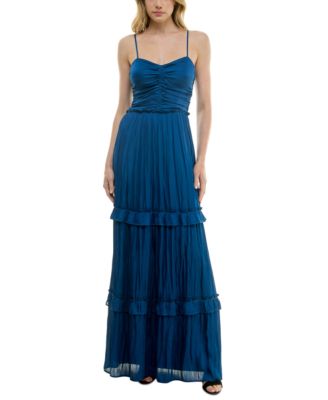 Crystal Doll - Juniors' Crushed Satin Ruched Ruffled Maxi Dress