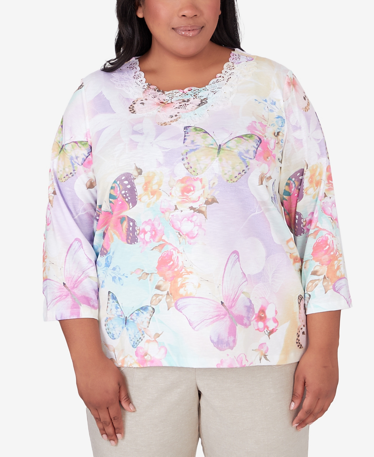 Shop Alfred Dunner Plus Size Garden Party Three Quarter Sleeve Butterfly Top In Multi