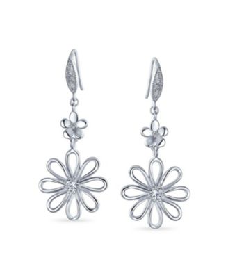 Floral Garden Cubic Zirconia Accent Open Flower Shape CZ Daisy Dangle Earrings French Wire Silver Plated