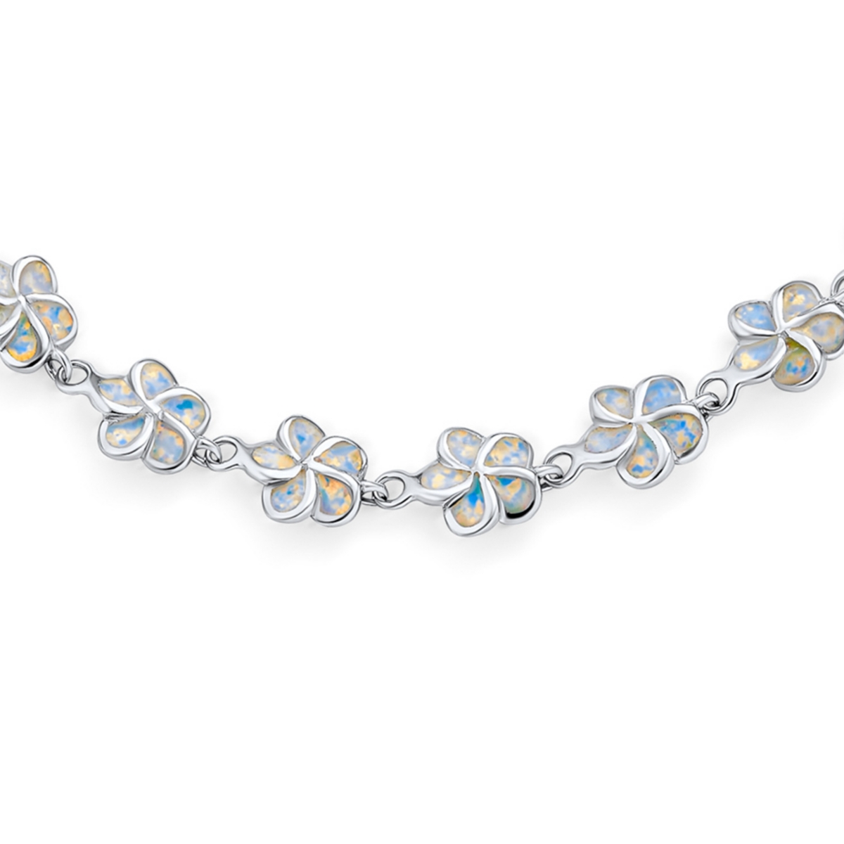 Bling Jewelry Tropical Vacation White Created Synthetic Opal Link Plumeria Hawaiian Flower Bracelet For Women Silver