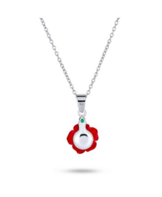 Romantic Floral 3D Pink Red Rose Pendant Necklace with Green CZ Sterling Silver