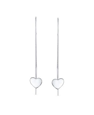 Simple Lightweight Long Flat Heart Chain Threader Earrings Sterling Silver Stabilizing U Hook