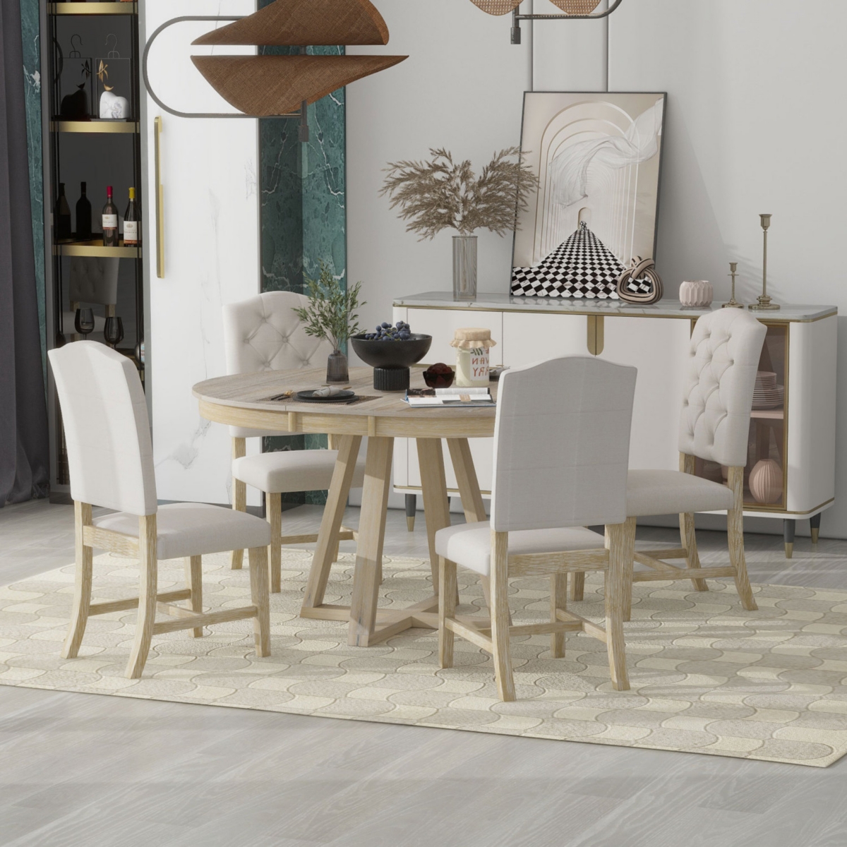 Streamdale Furniture Retro 5-Piece Dining Set with Round Table & Upholstered Chairs
