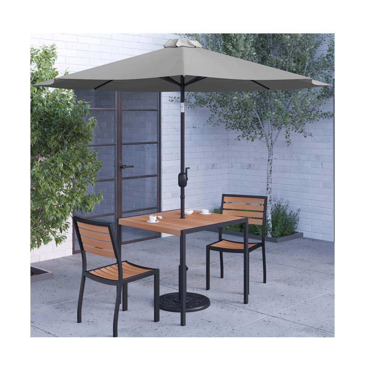 Forrest Five Piece Faux Teak Patio Dining Set - Table, Two Armless Stacking Club Chairs,Umbrella And Base - Gray