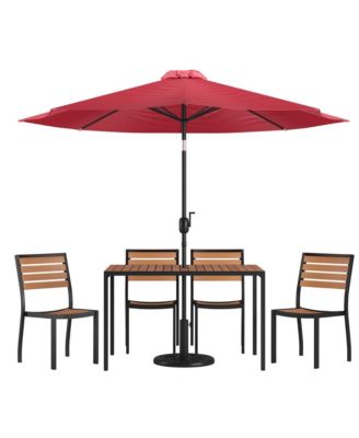 Calle 7 Piece Outdoor Faux Teak Poly Slat Outdoor Furniture Set - Table, 4 Chairs And Patio Umbrella And Base