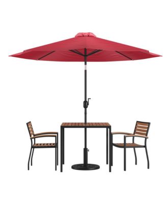 Hampstead Five Piece Faux Teak Patio Dining Set Includes Table, Two Club Chairs, 9' Patio Umbrella And Base