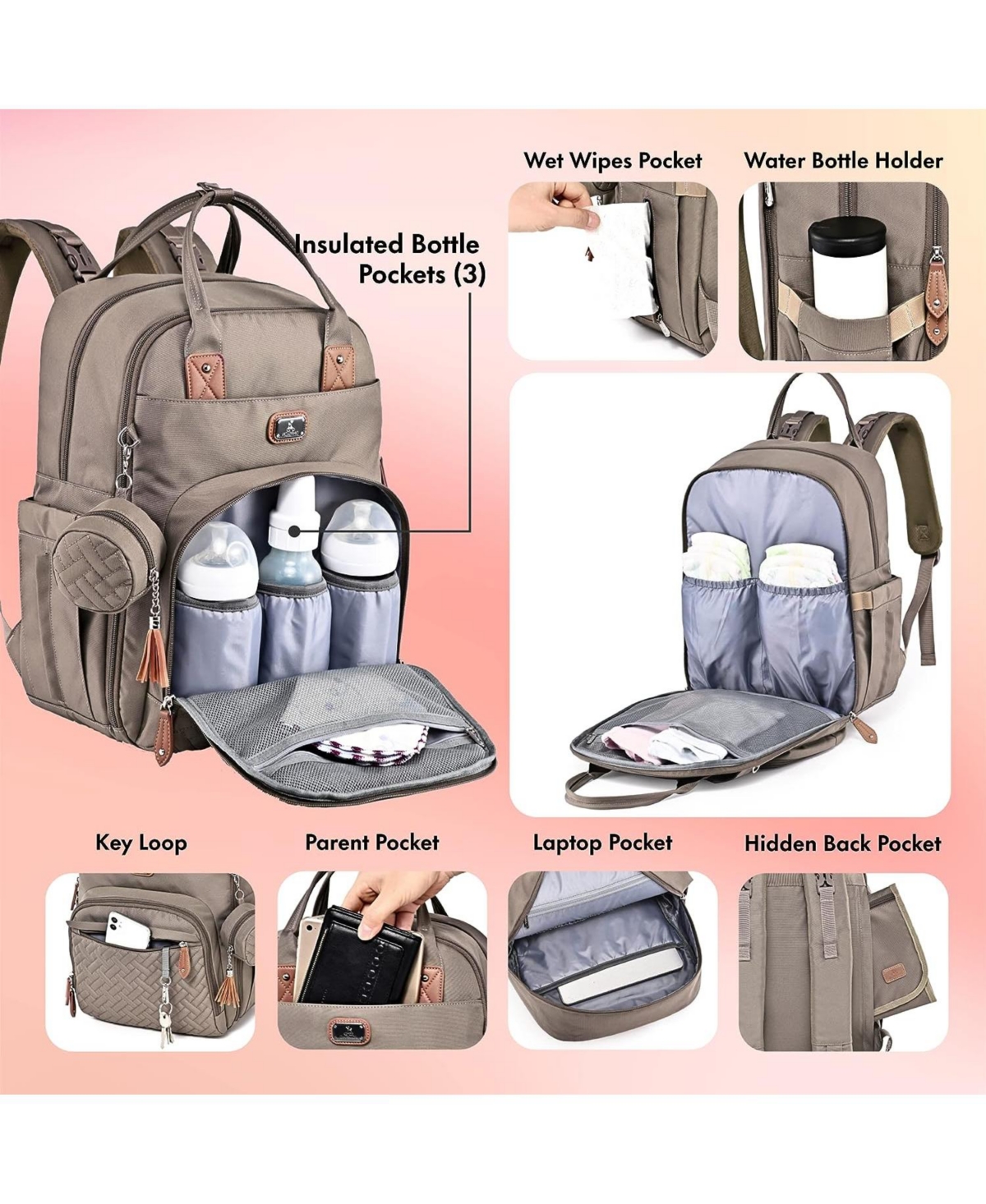 Dikaslon Diaper Bag Backpack with Portable Changing Pad, Pacifier Case and Stroller Straps