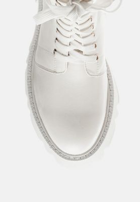 Womens Drill Chunky White Lace Up Ankle Boots