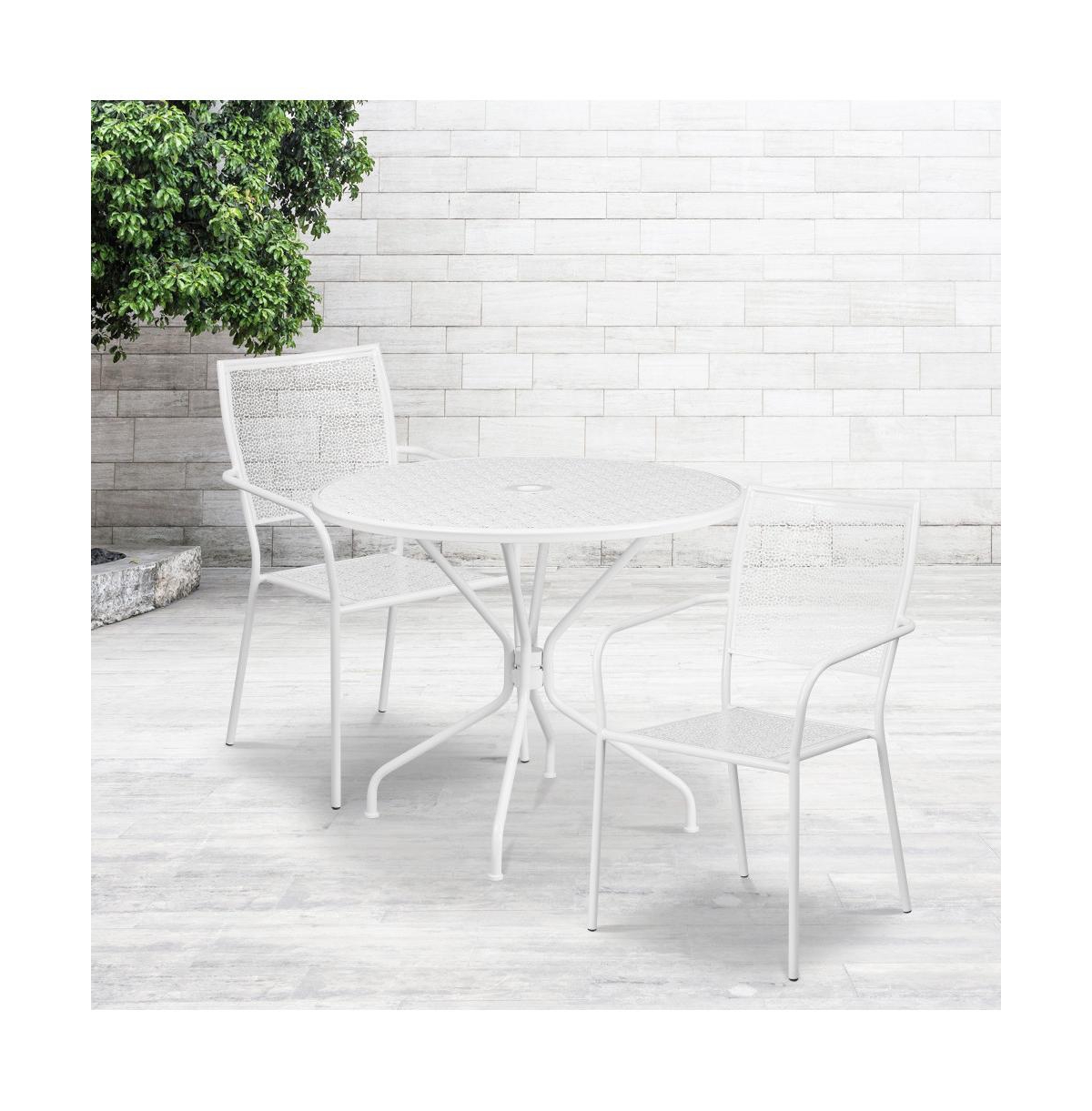 Commercial Grade Round Metal Garden Patio Table Set, 2 Square Back Chairs