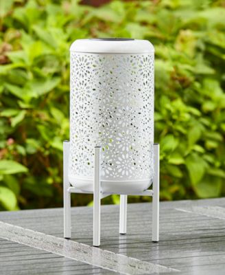 14.25" H Metal Cutout Flower Pattern Solar Powered LED Outdoor Lantern with Stand