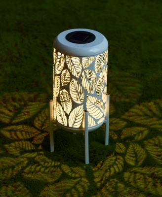 14.25" H Metal Cutout Leaves Pattern Solar Powered LED Outdoor Lantern with Stand