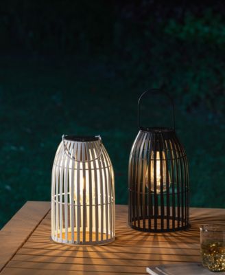 9.75" H Set of 2 Metal Stripes Solar Powered Edison Bulb Outdoor Hanging Lantern