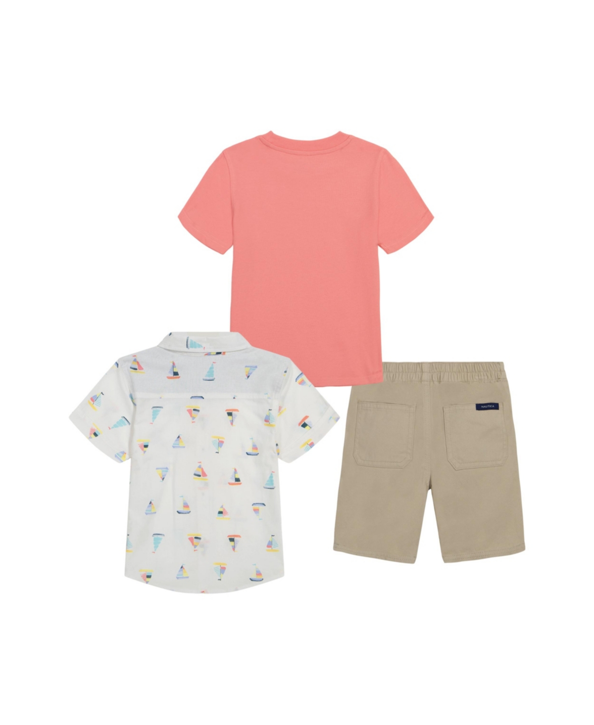 Shop Nautica Toddler Boys Short Sleeve T-shirt, Printed Poplin Shirt And Twill Shorts, 3 Pc Set In Multi,khaki