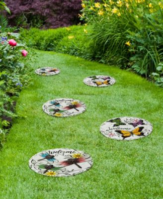 9.75" D Set of 2 Cement Stepping Stones with Fluttering Butterflies and Dragonflies Pattern