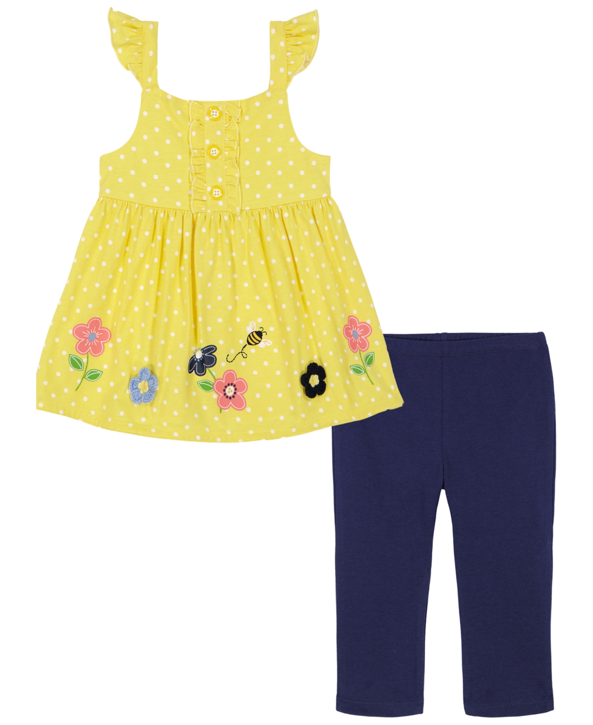 Kids Headquarters Kids' Little Girls Ruffle-trim Popcorn Knit Tunic Capri Leggings Set In Yellow,navy