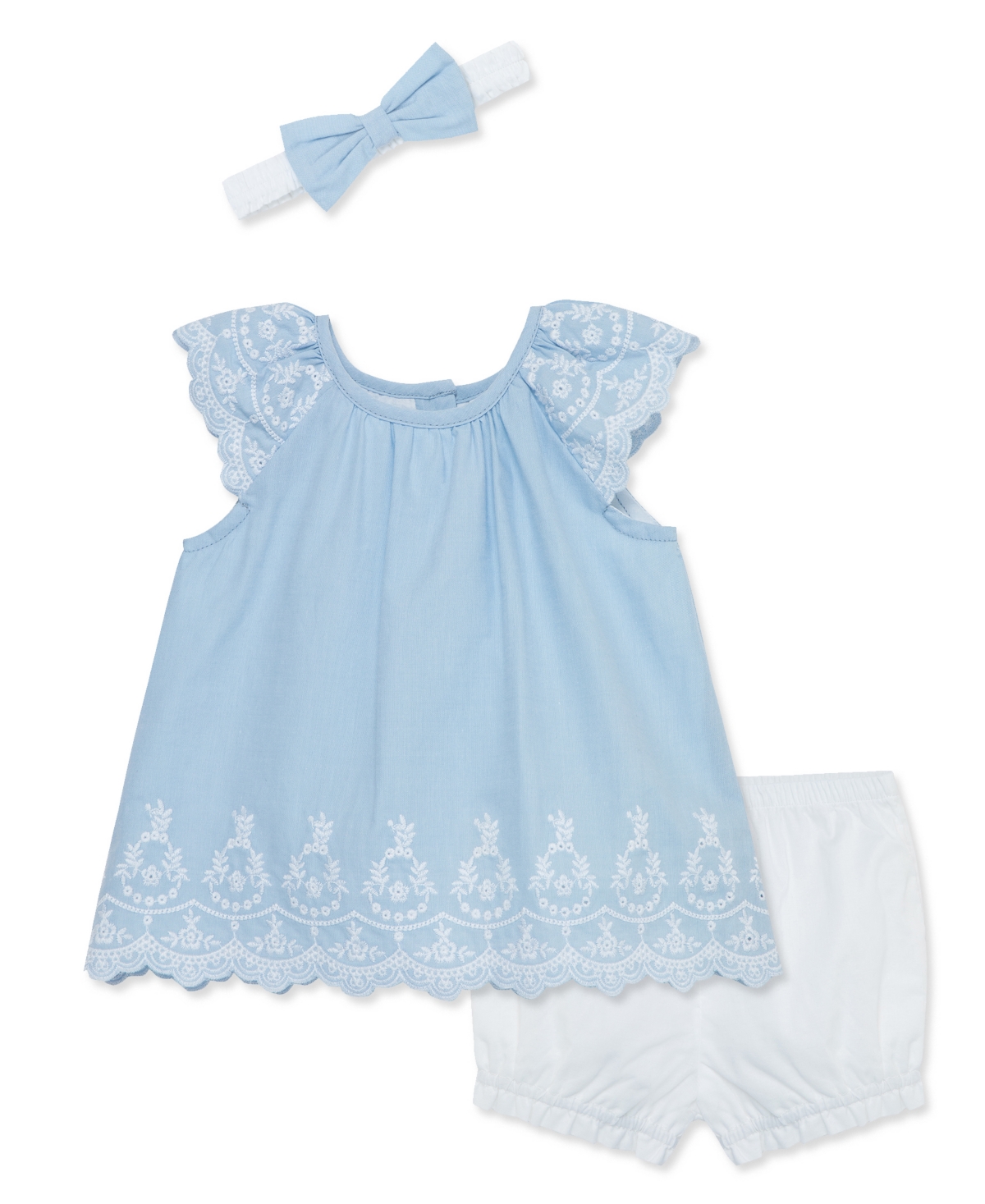 Little Me Baby Girls Blue Eyelet Sunsuit With Headband In White/blue