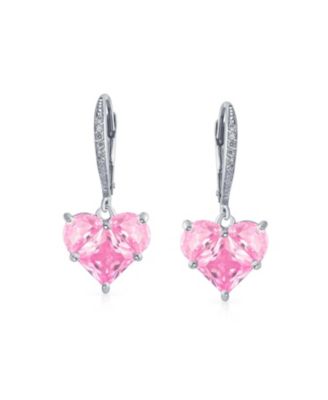 Romantic Red Pink CZ Heart Dangle Chandelier Earrings Sterling Silver