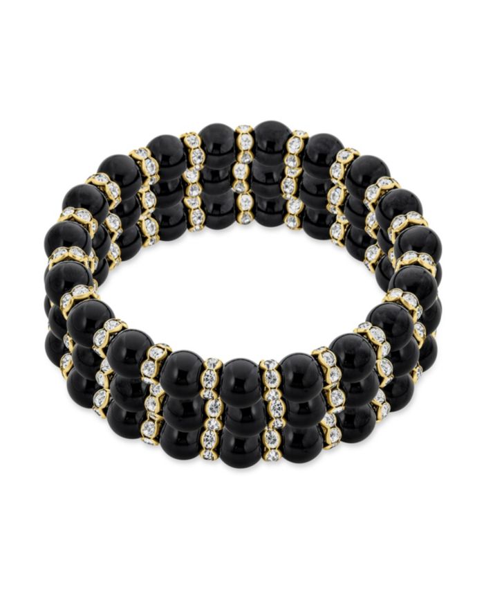 Bling Jewelry Black Faux Pearl Stretch Bracelets and Crystal Spacers Gold