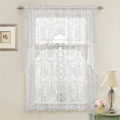 Shabby Living Lena Floral Lace Complete Kitchen Curtain Tier and Swag Set