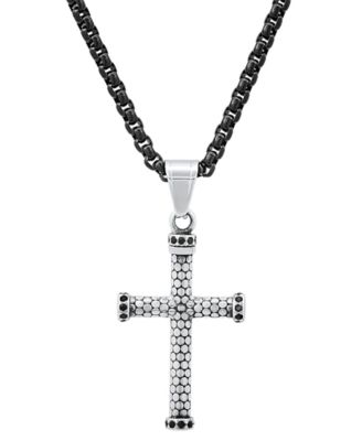 Men's Two-Tone Stainless Steel Simulated Black Diamond Cross 24" Pendant Necklace