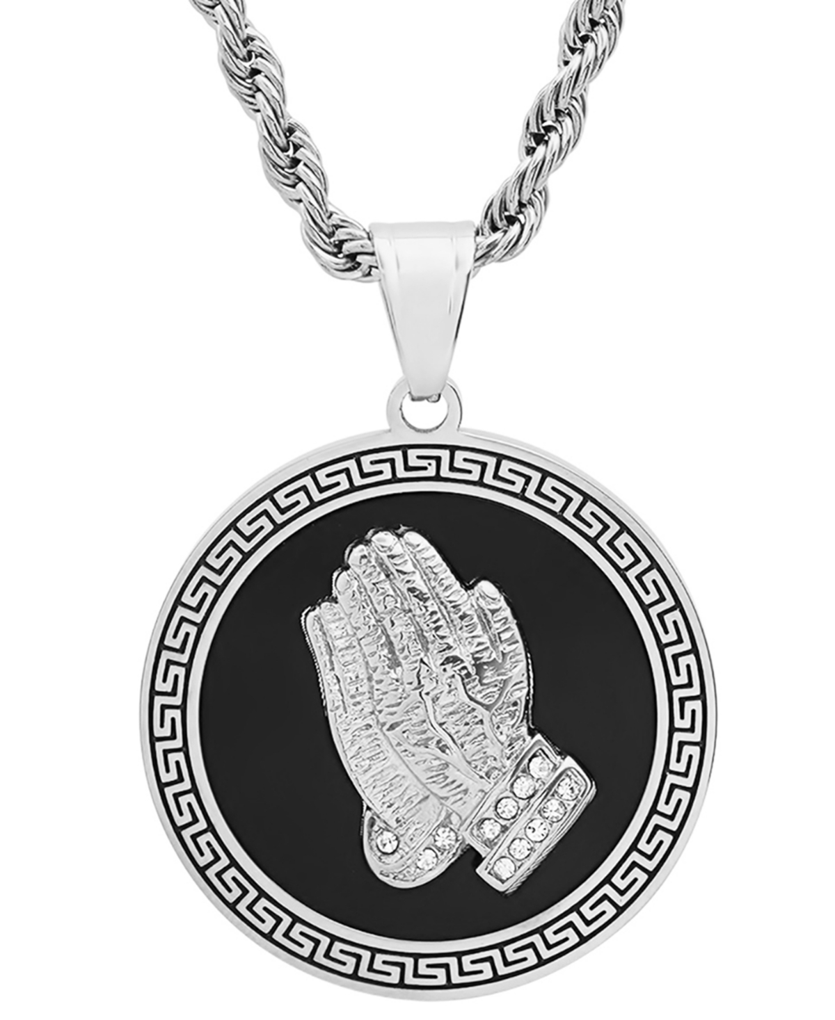 Shop Steeltime Men's Stainless Steel Prayer Hand & Greek Key 24" Pendant Necklace In Black,silver