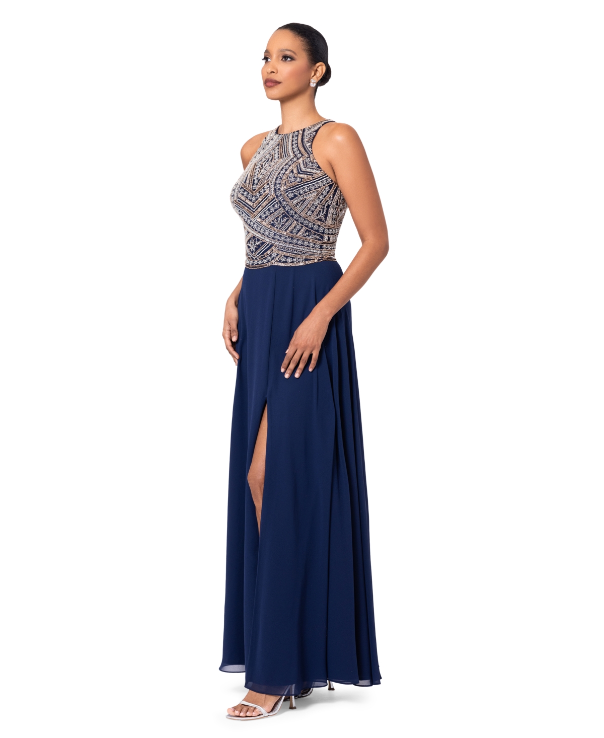 Shop Betsy & Adam Petite Beaded Gown In Navy,silver,copper