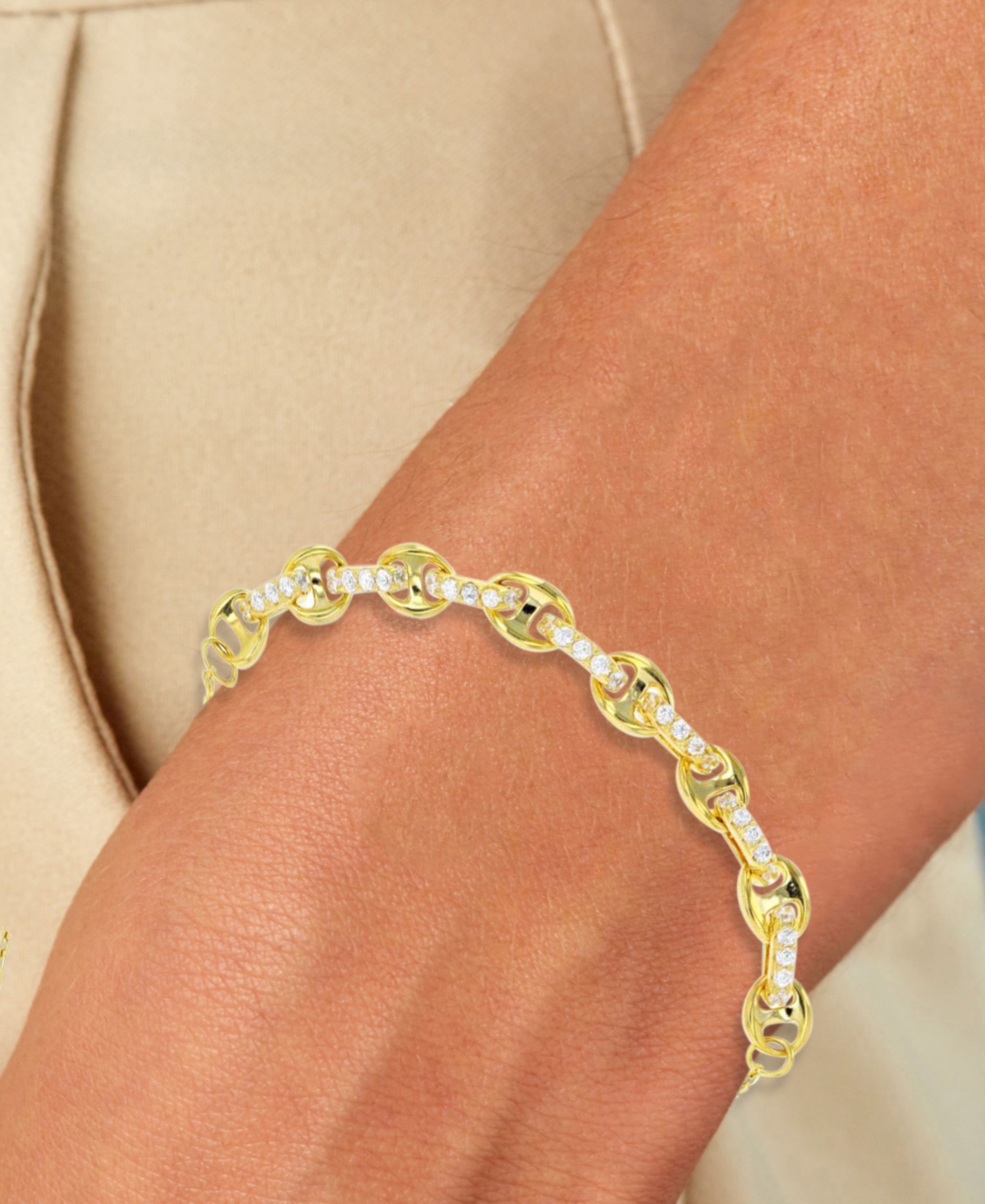 Cubic Zirconia Mariner Link Chain Bracelet in 14kPlated Sterling Silver - Gold