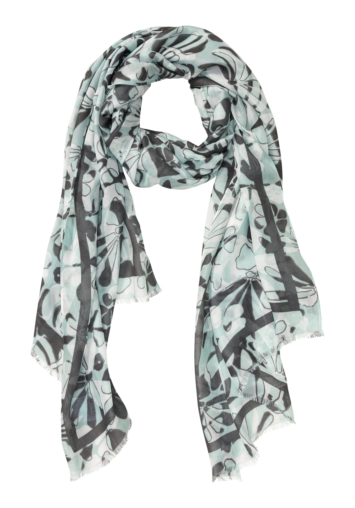 Abstract Floral and Border Print Scarf with Frayed Edge Trim - Ice aqua