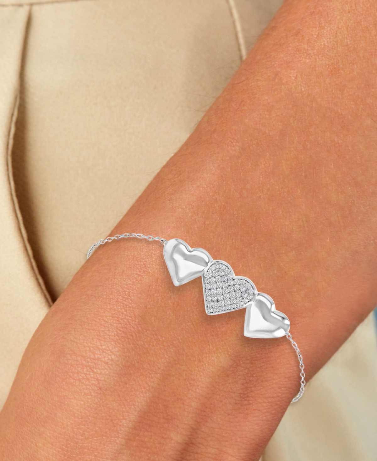 Cubic Zirconia Pave & Polished Triple Heart Chain Link Bolo Bracelet