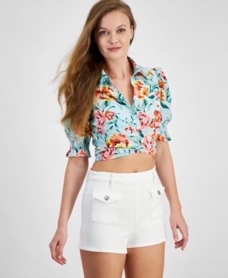 GUESS - Women's Adele Button-Front Knot-Back Cropped Shirt