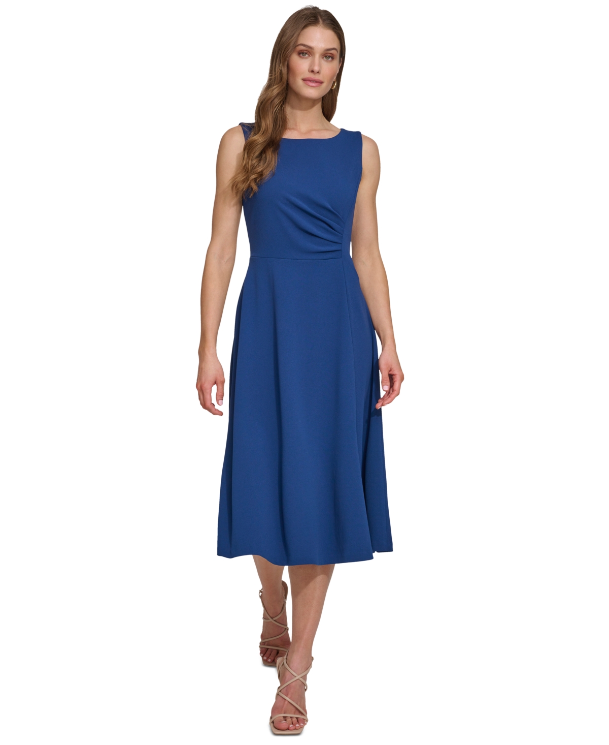 Dkny Women's Sleeveless Side-ruched Midi Dress In Coastal Blue