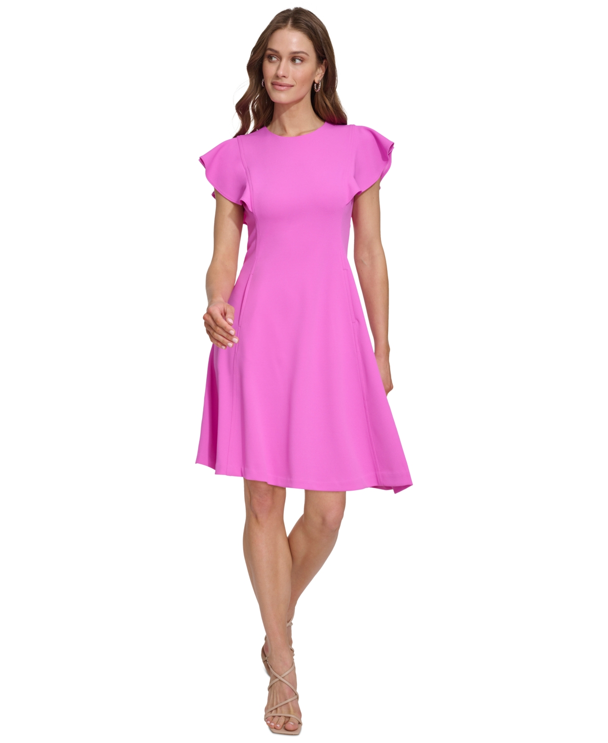 Dkny Petite Flutter-sleeve Seamed Fit & Flare Dress In Cosmic Pink