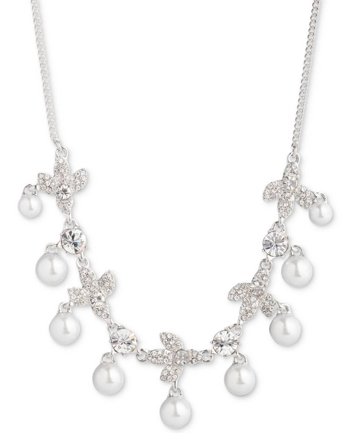 Silver-Tone Crystal & Imitation Pearl Statement Necklace, 16" + 3" extender - White