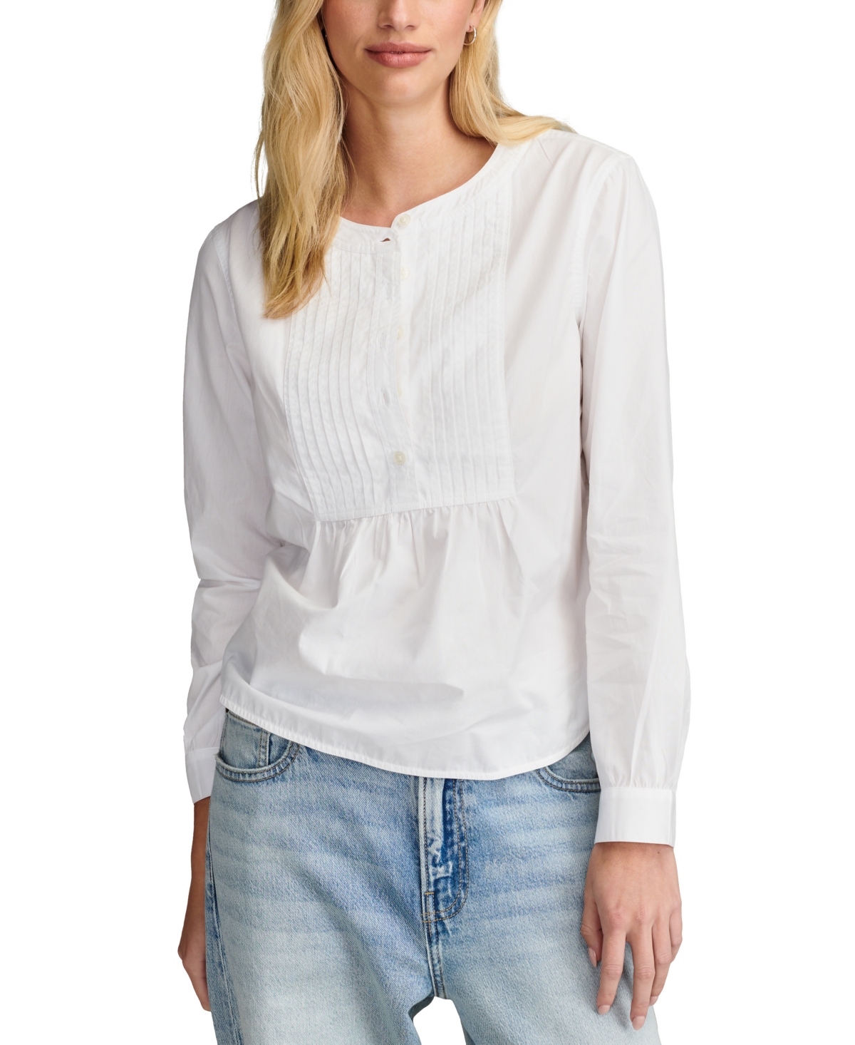 Shop Lucky Brand Women's Striped Cotton Pintuck-bib Blouse In Bright White