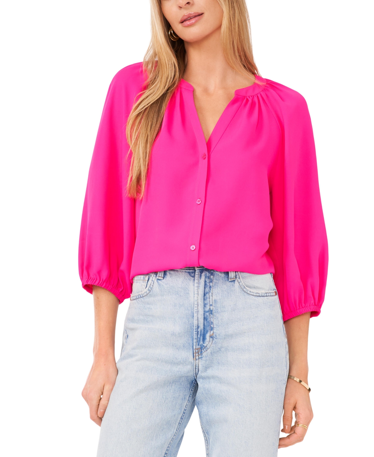 Women's Button Front 3/4-Puff Sleeve Top - Hot Pink