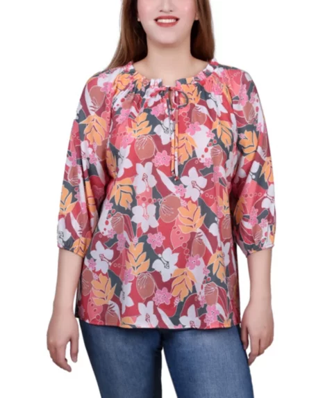 Petite 3/4 Sleeve Drawstring Neck Blouse Top - Pink Red Flower
