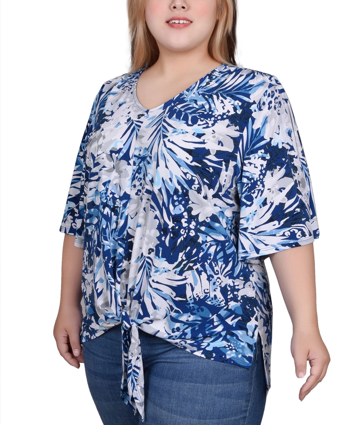 Ny Collection Plus Size Elbow Sleeve Tie-Front Top