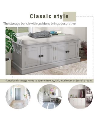 4-Door Storage Bench with Shelves and Cushion