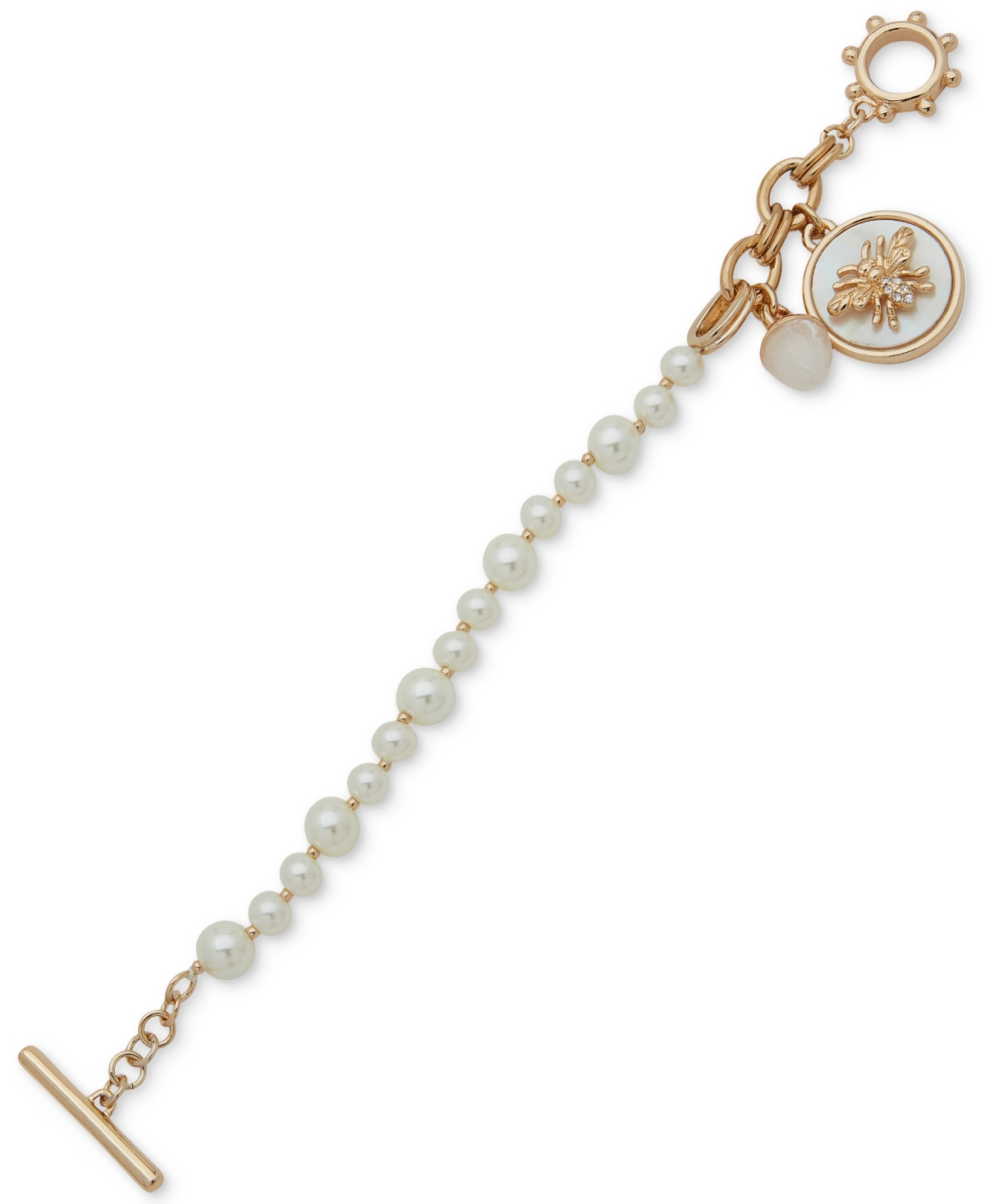 Gold-Tone Bee Charm Toggle Flex Bracelet - Pearl