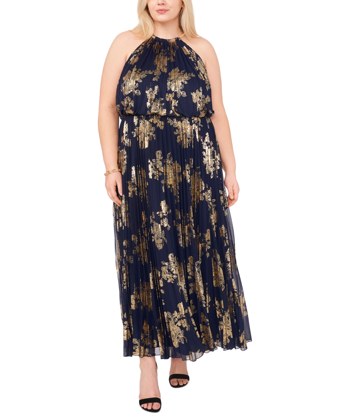 Msk Plus Size Floral-print Dress In Navy,gold