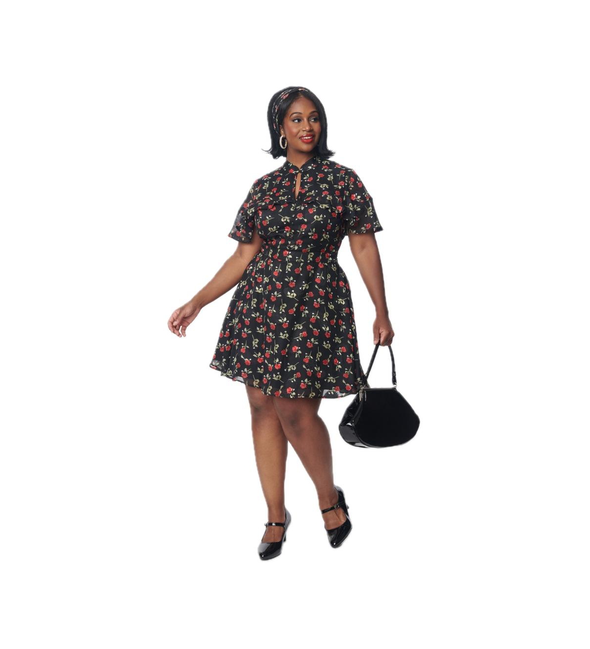 Plus Size Woven Capulet Fit & Flare Dress - Black/red roses