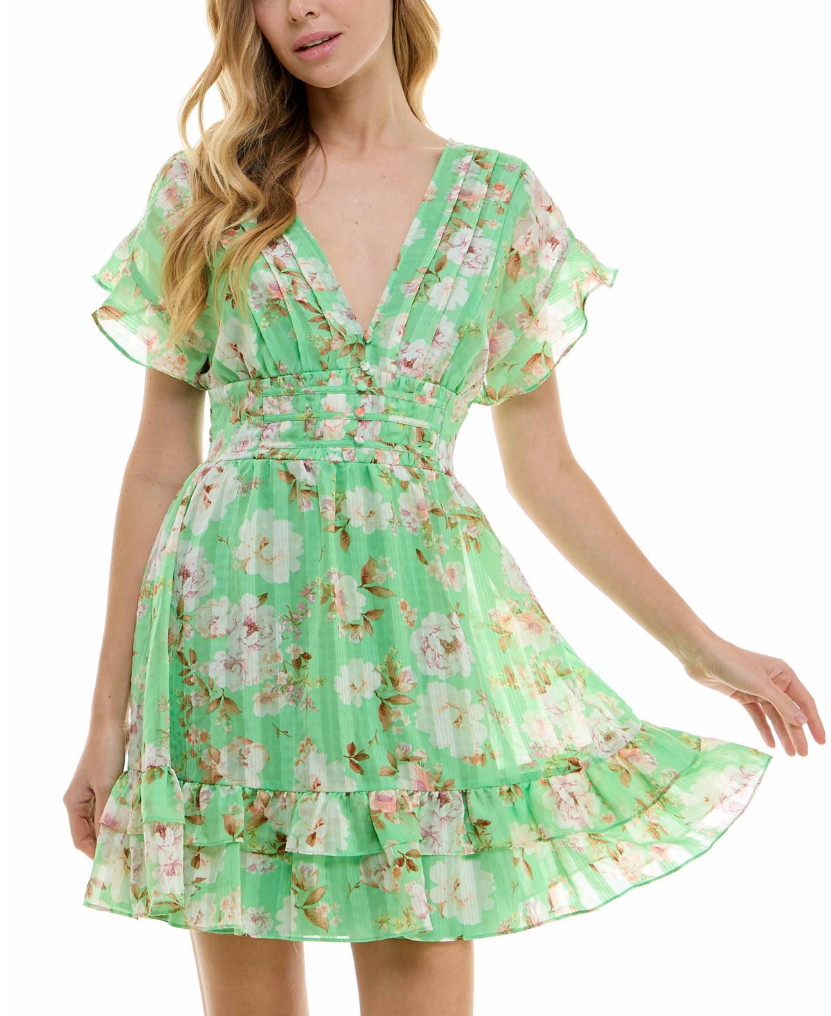 Juniors' Floral-Print Ruffled Fit & Flare Dress - Green/blus