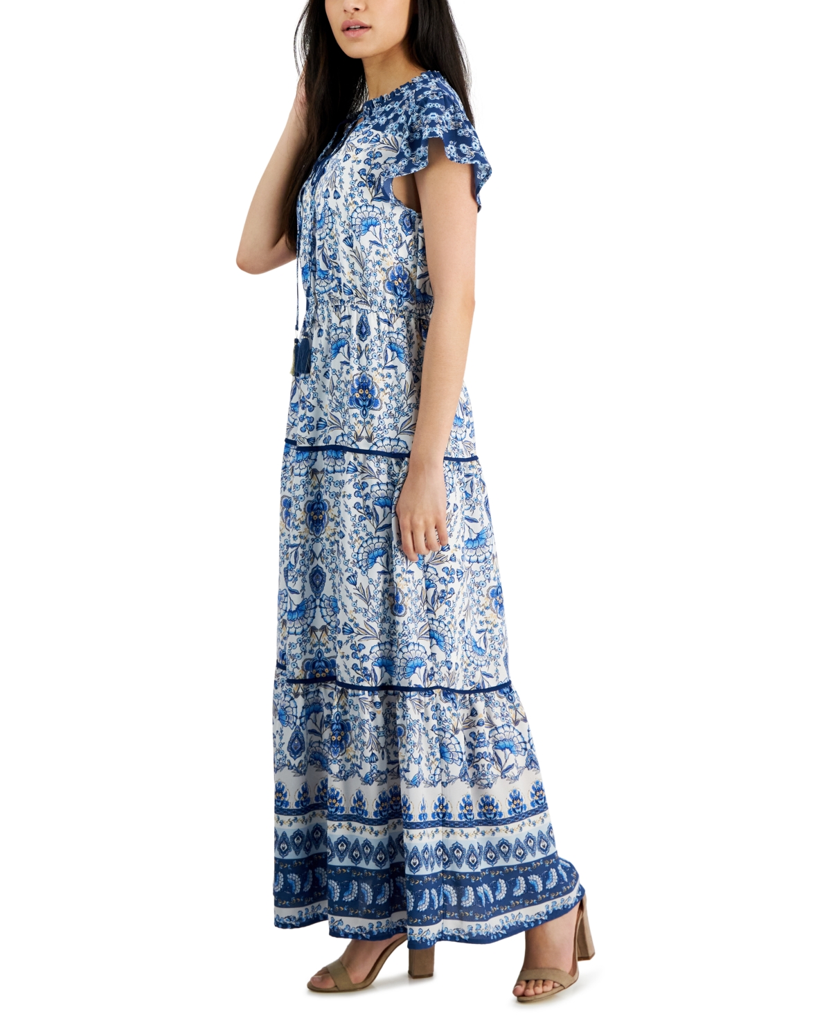 Shop Tinsel Petite Mixed-print Flutter-sleeve Tiered Maxi Dress In Blue All Over Border