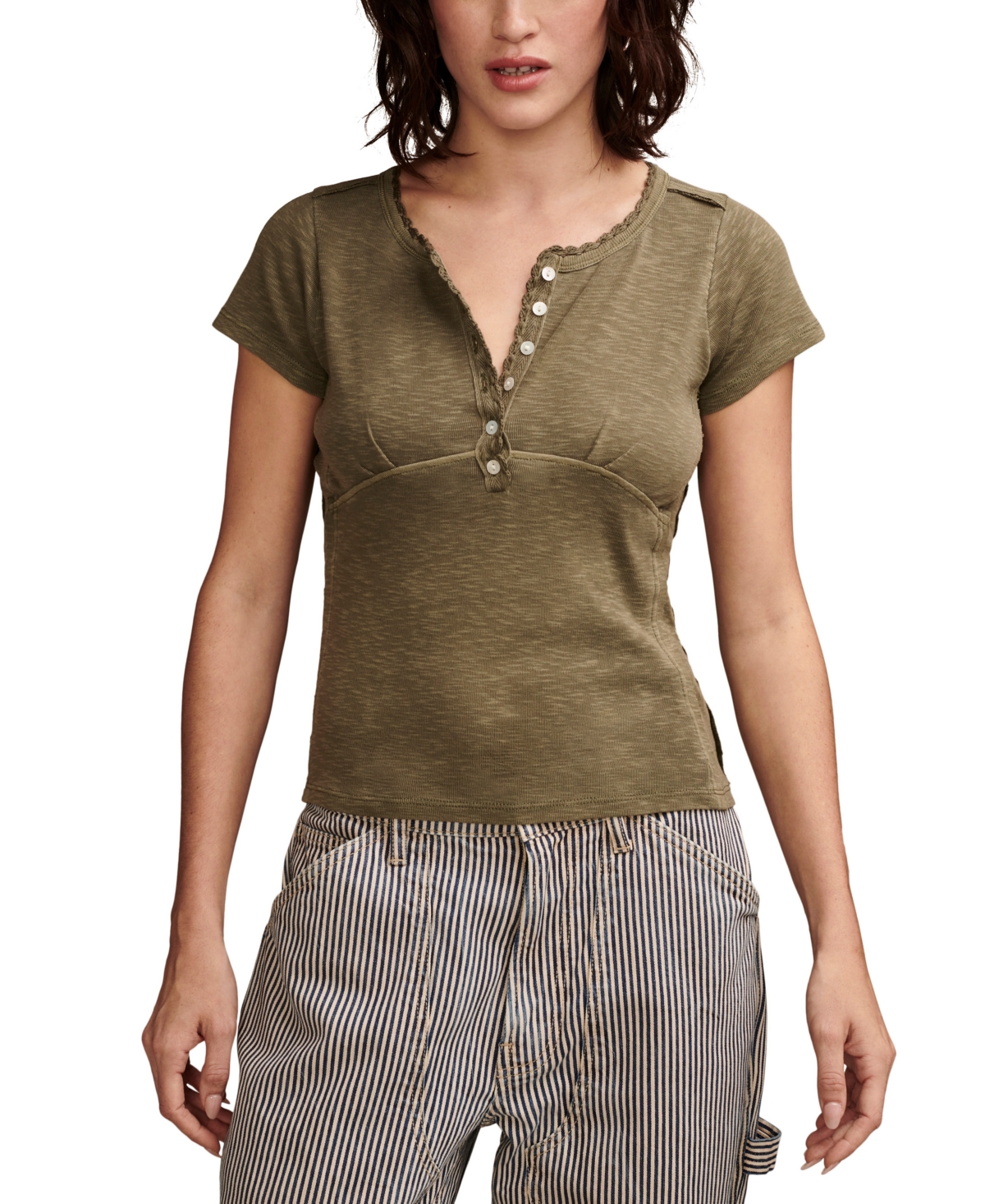 Lucky Brand Women's Crochet-trim Short-sleeve Henley T-shirt In Dusty Olive