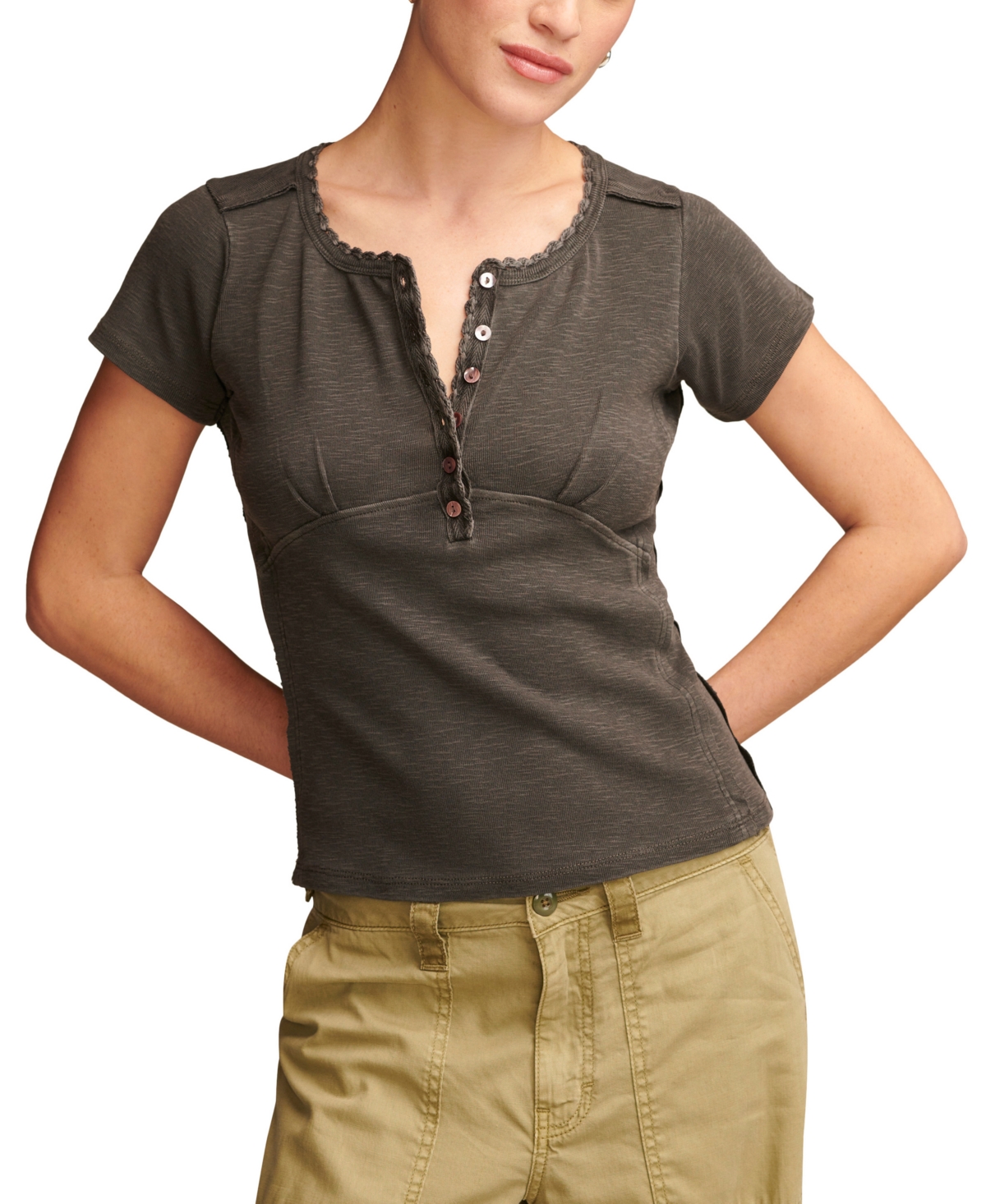 Shop Lucky Brand Women's Crochet-trim Short-sleeve Henley T-shirt In Raven